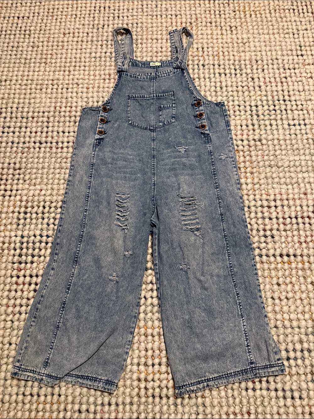 Women's Washed Blue Distressed Denim Overalls - Casual Cropped Jumpsuit